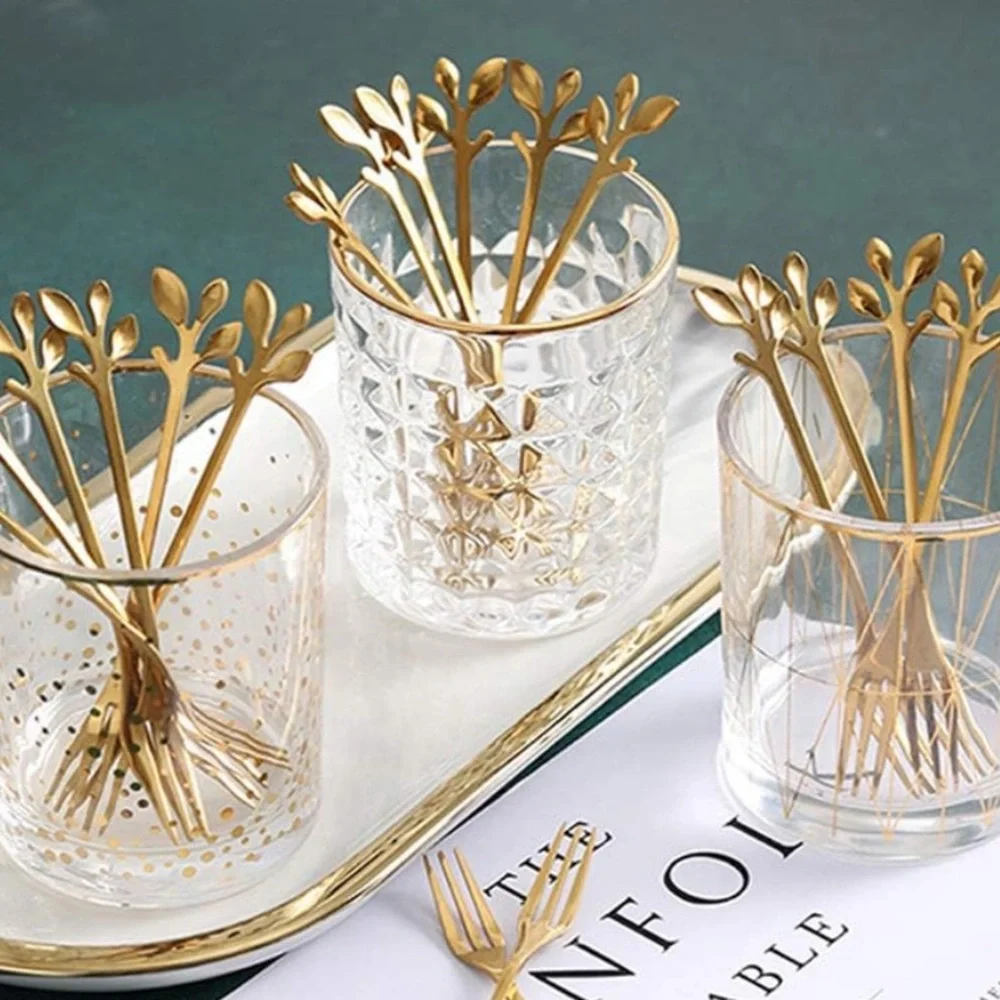 10 Pcs Stainless Steel Gold Leaf Appetizer Cake Forks Set 4.7 Inches